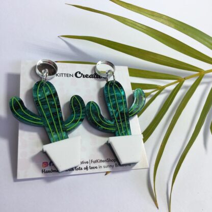 Cactus Earring Green Marble acrylic, white pot, silver mirror topper