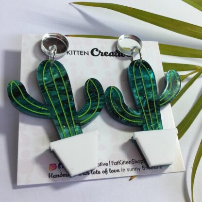 cactus dangle earring, white pot