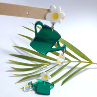 watering can dangle, green mirror acrylic, iridescent drop, gloss white flower, paintfilled
