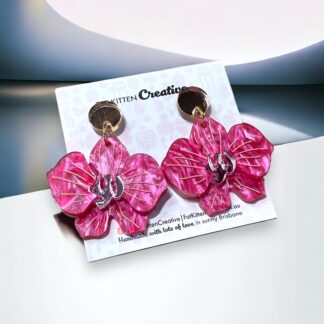 Acrylic orchid earrings. Pink marble acrylic. Etched and paint-filled details. Pink Mirror